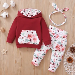 4 Colors Autumn 3pcs Toddler Outfits Long Sleeve Hooded Floral Printed Pocket Tops Pants Hairband Baby Girls Clothes Sets