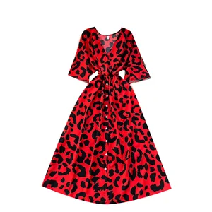 Women's Elegant A-Line Summer Dress V-Neck Leopard Printed Plus Size Short Sleeves Natural Waistline