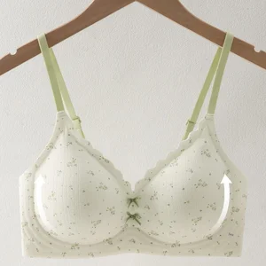 Women's Seamless V Neck Bra Thin Wire-Free Anti Sagging Triangle Cup with Bow Floral Pattern