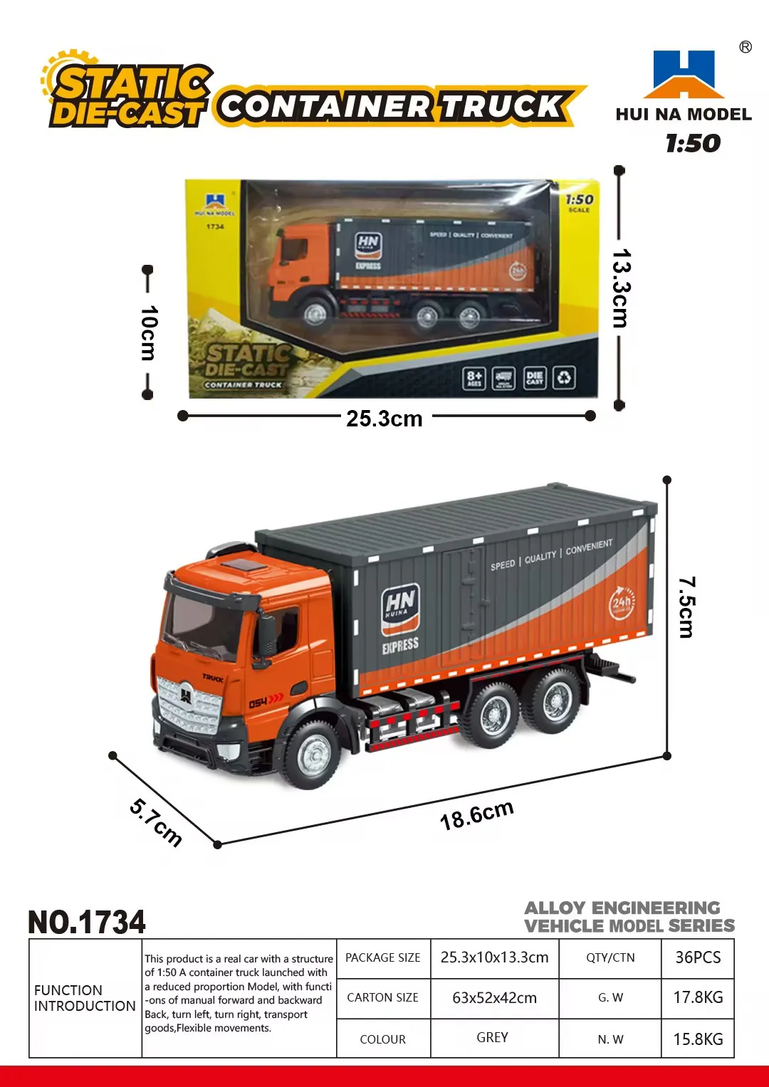 Huina 1734 1/50 Alloy Container Carrier Static Model Children Toy