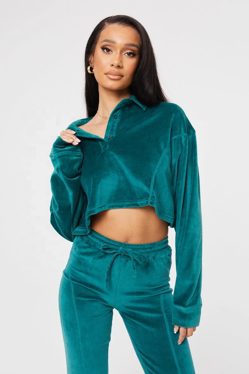 KY NEW Design CROPPED Polo Rugby Shirt Cropped TOP Velvet Flare Joggers  Custom Velour Tracksuit Women Pieces