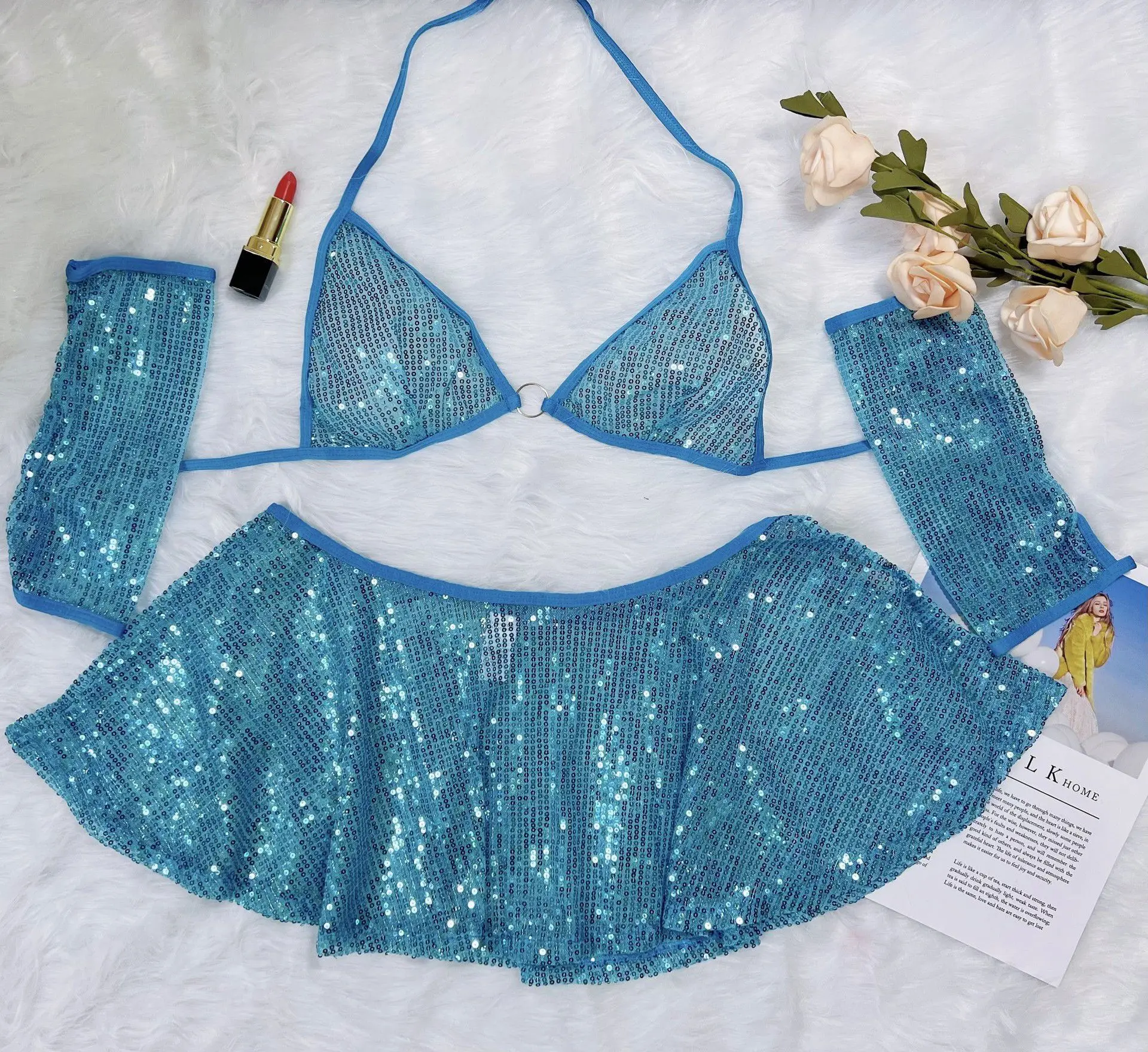 Women Open Back Halloween Pink Sequin Bling Girls Sexy Lingerie Costume Women Nightclub Dress Adult Cosplay Lingeries