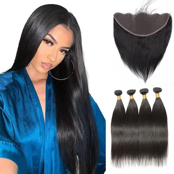 Wholesale Raw Cuticle Aligned Hair 100 Virgin Remy Human Hair Mink Brazilian Hair Straight 3 Bundles With Lace Frontal Closure