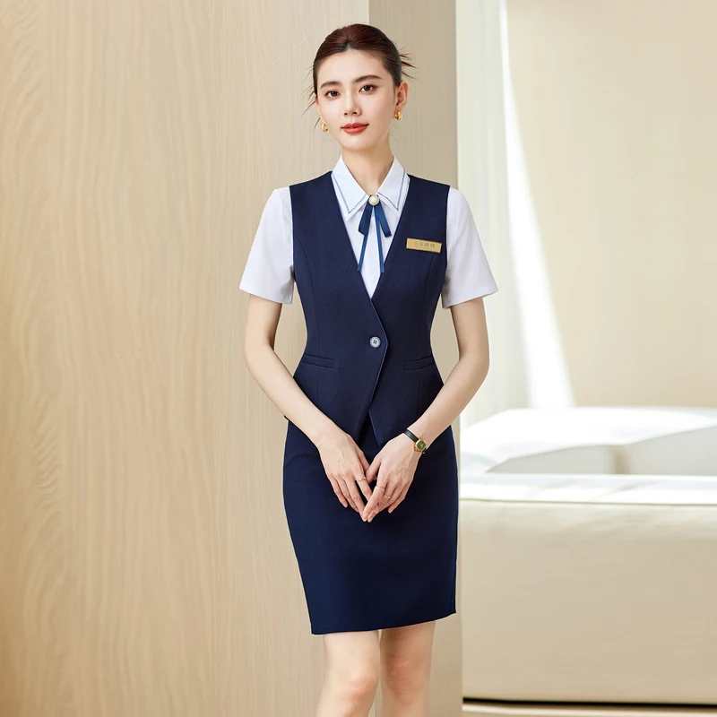 bank formal dress Summer Professional Women's Suit Short-Sleeved Shirt Vest Skirt Hotel Front Desk Customer Service formal dress for bank interview