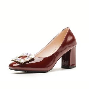 Women's Comfortable Summer Fashion Burgundy Textured Patent Leather Square Toe Block Heel Slip-On Pumps with Rhinestone Buckle