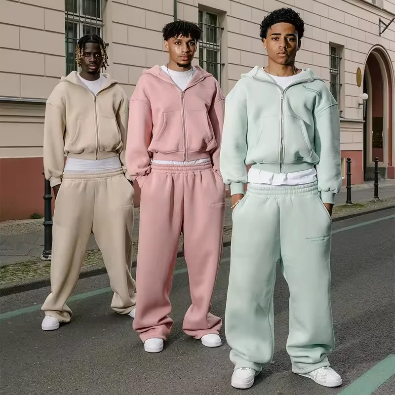 Thick Cotton Fleece 500gsm extra Heavy Weight Full Zip up Oversize Stacked Sweatpants and Hoodie Set Mens French Terry Sweatsuit gallery 3