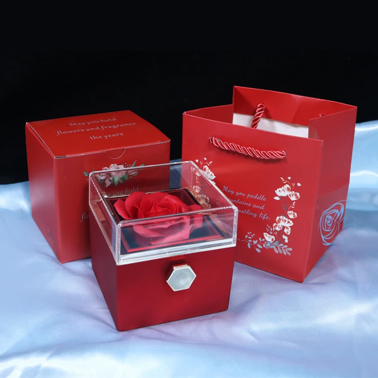 Valentines day gift 2023 premium exquisite rose flower jewelry rotating rose box