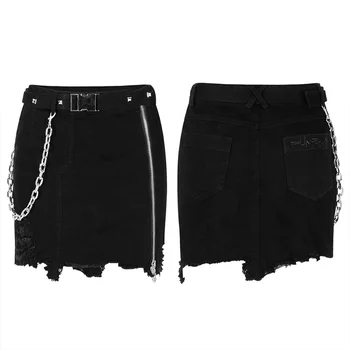 Latest Women's Black Sexy Denim Half Skirt With Functional Metal Belt OPQ-712BQF