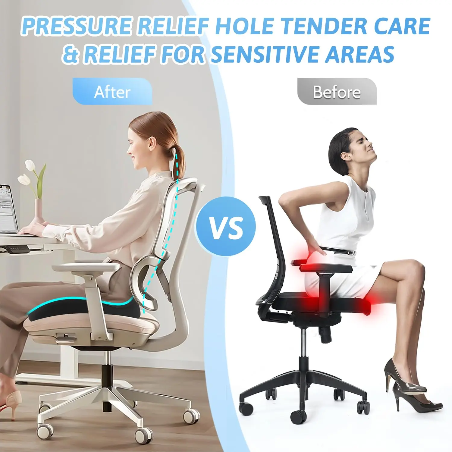 Black Large Size Ergonomic Design Memory Foam Seat Cushion Full Wrapped Car Office Chair Cushion Pain Relief Coccyx Seat Cushion