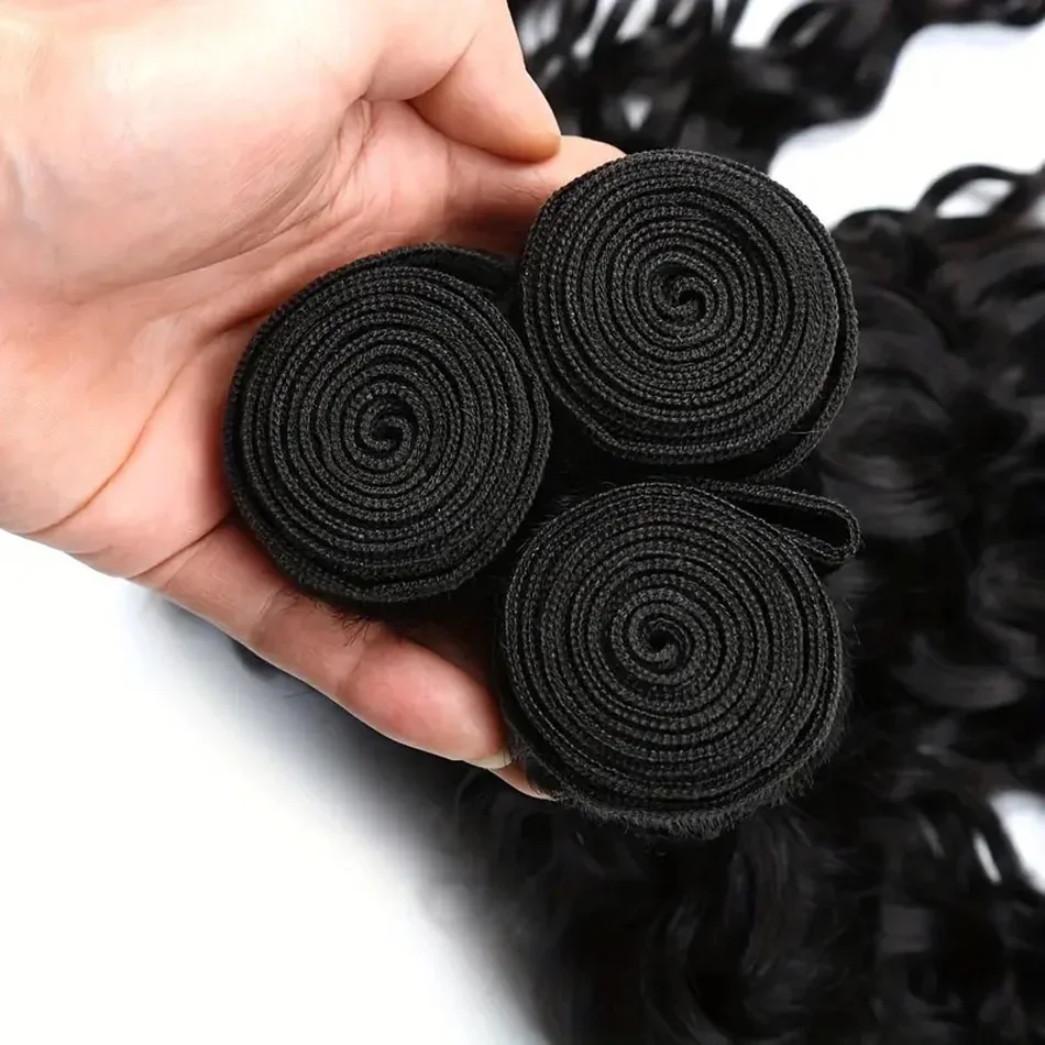 Tissage en lot de cheveux humains brésiliens à double trame Deep Wave couleur noire naturelle 8 à 32 pouces_voghion.com