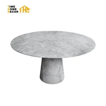 Custom Italian Style Luxury Stone Contemporary Pedestal Carrara White Round Marble Dining Table with  Faux Marble Sloped Base