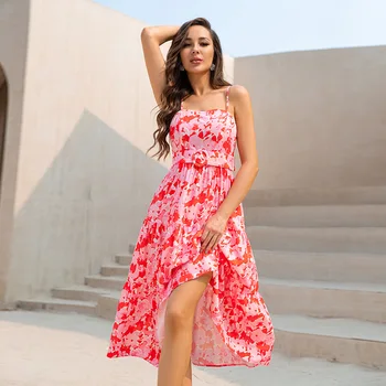 Double Crazy Floral Print Casual Maxi Ruffle Hem Summer Belted Mesh Cami Fashion Dress