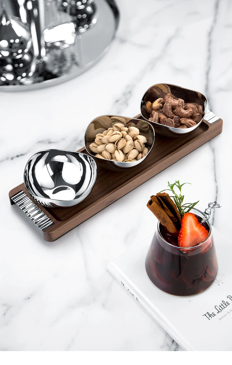 3 Pcs10cm Multipurpose Home Hotel Stainless Steel 304 Wooden Tray Dry Fruit Nut Serving Decorative Bowl Gift Set for Home Decor