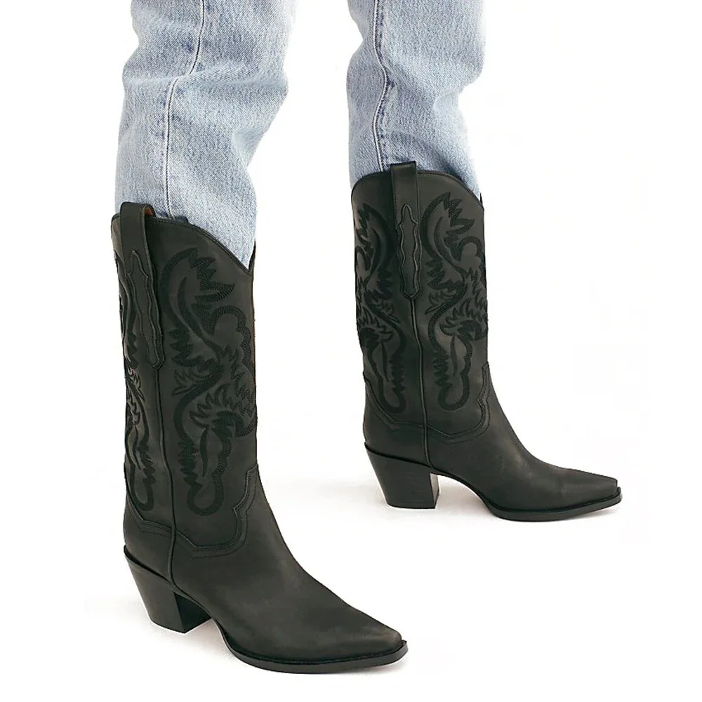 New Trend Cowgirl White Western Mid Calf Low Studded Embroidered Cowboy Boots For Women - Image 1
