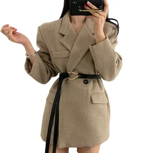 Customize Wholesale Women's Fashion Solid Color Woolen Coat Single Breasted Blazer Jacket with OEM ODM Ladies' Winter Clothing