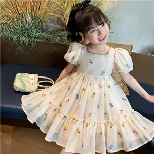 Girls' Dress Summer New Cotton Bubble Sleeve Princess Children's Bow Flower Dress Baby Clothing Wholesale Clothes for Kids