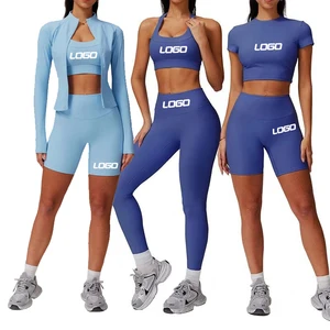 Workout Sets for Women Gym Legging Set Ribbed Sport Active Wear Long Sleeve Crop Top Yoga Jacket Set