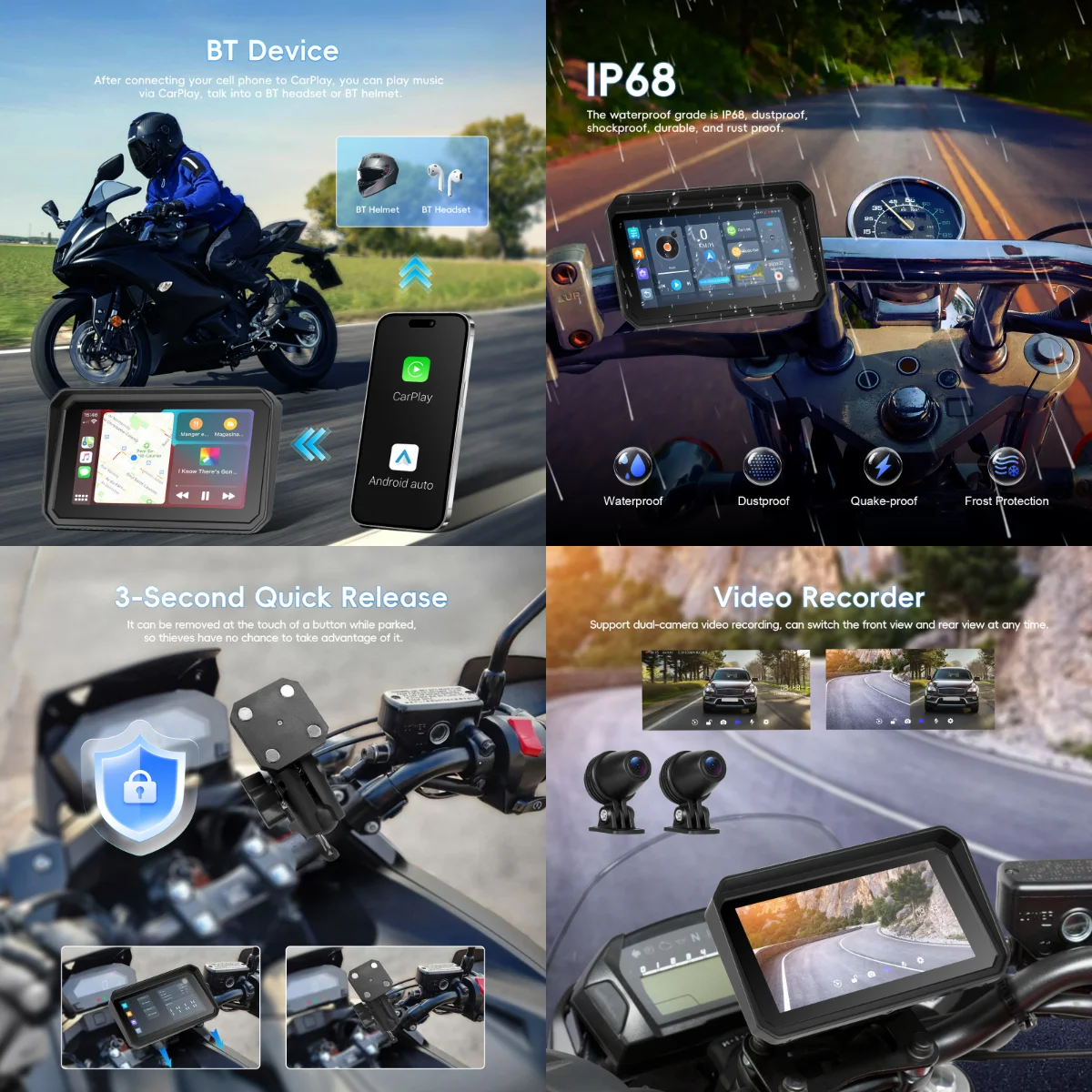 podofo android 464g 6 portable carplay motorcycle screen bt dvr ip68 waterproof ips touch screen stereo oem customization a4415-3
