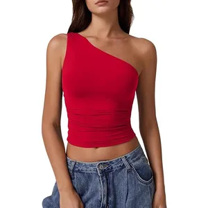2025 Summer Women's Sleeveless Single Shoulder Solid Color Slimming Sexy Exposed Umbilical T-shirt
