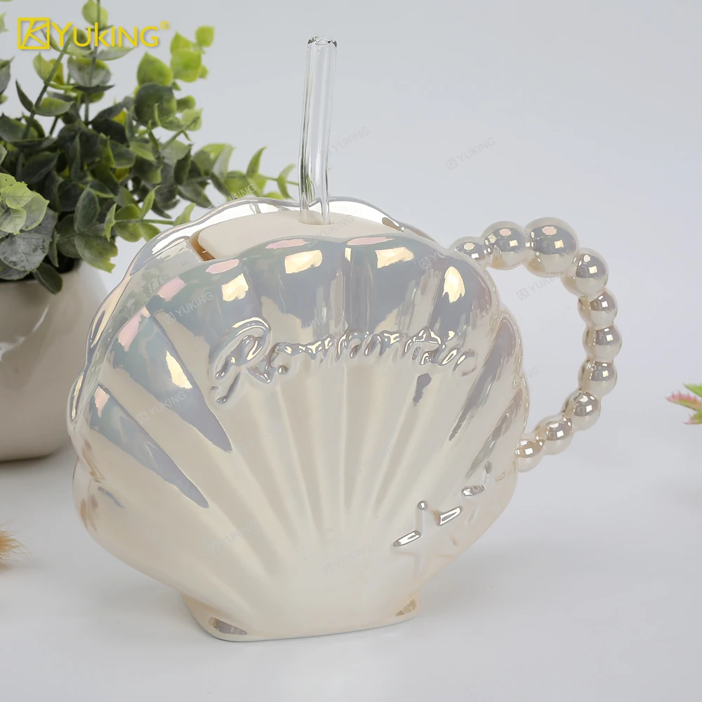 Pearl Shell Mug with Straw Beautiful Girl Lovely Ceramic Water Cup Milk Coffee Water Cup