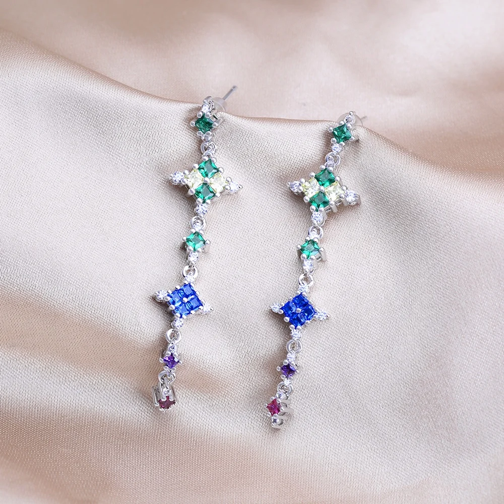 Baguette Bling Cubic Zircon Multi Gem Tassel Earrings Flower Jewelry Rainbow Diamond Earrings for Women