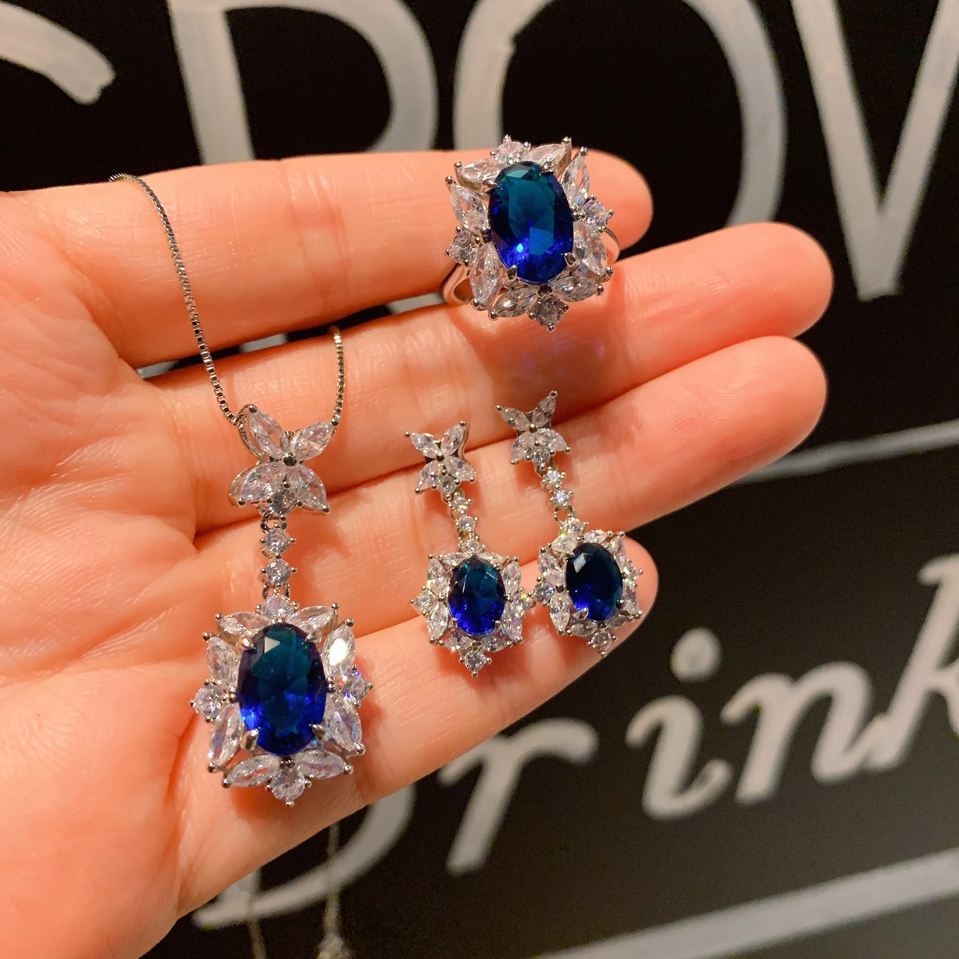 Elegant Long Blue Sapphire Necklace,diamond Necklace/earrings,bridal Cubic  Zirconia Jewelry,blue Sapphire Necklace,cz Choker,diamond Jewelry - Etsy