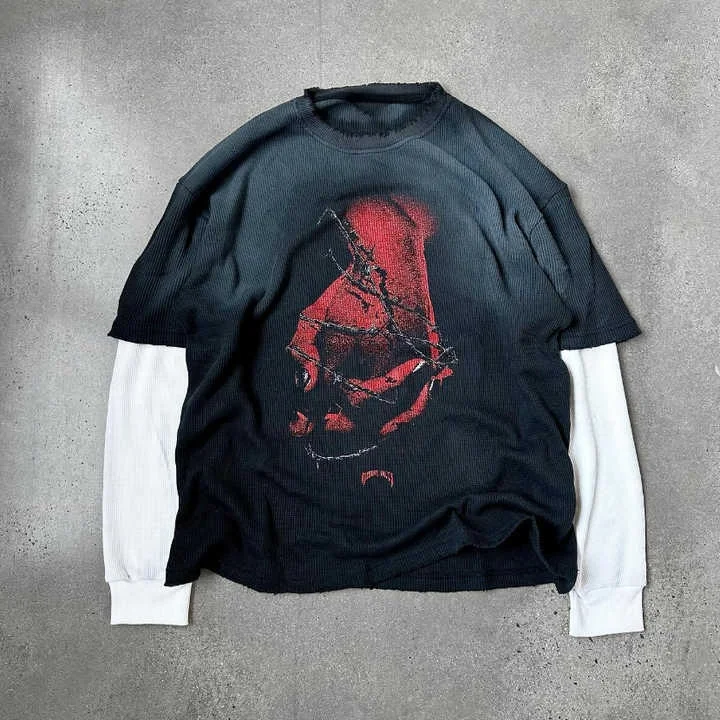 Salati Wholesale Custom Men's Shirt Loose Oversized Blank Distressed Acid Wash Waffle Knit Double Layer Long Sleeve T-shirt gallery 7