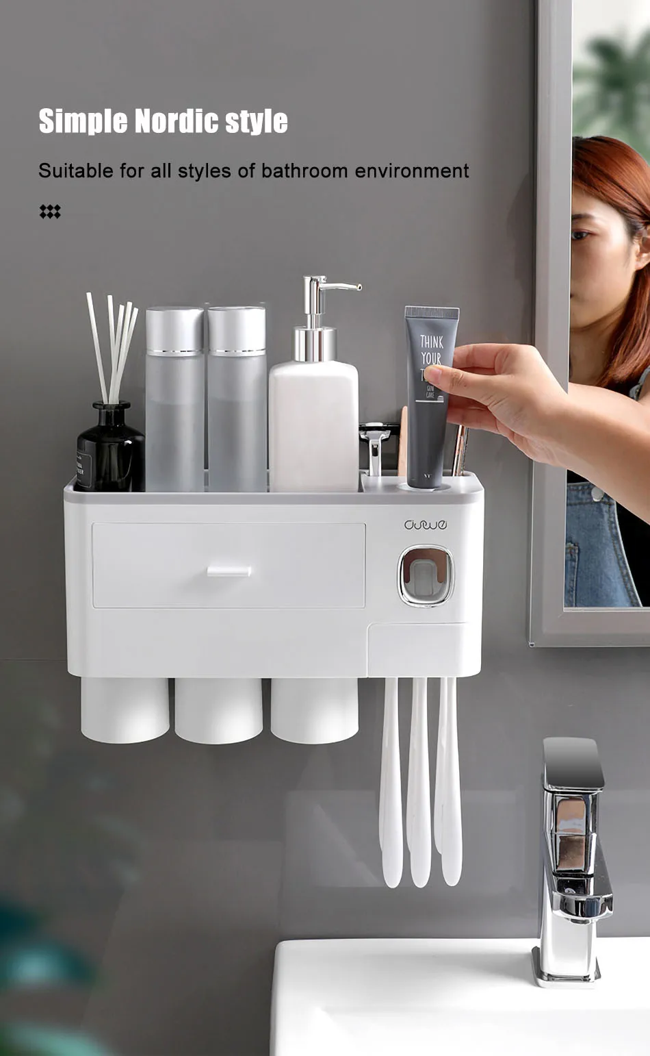 Automatic Toothpaste Dispenser Toothbrush Holder With Cups No Nail Wall Stand Shelf Bathroom Accessories Sets