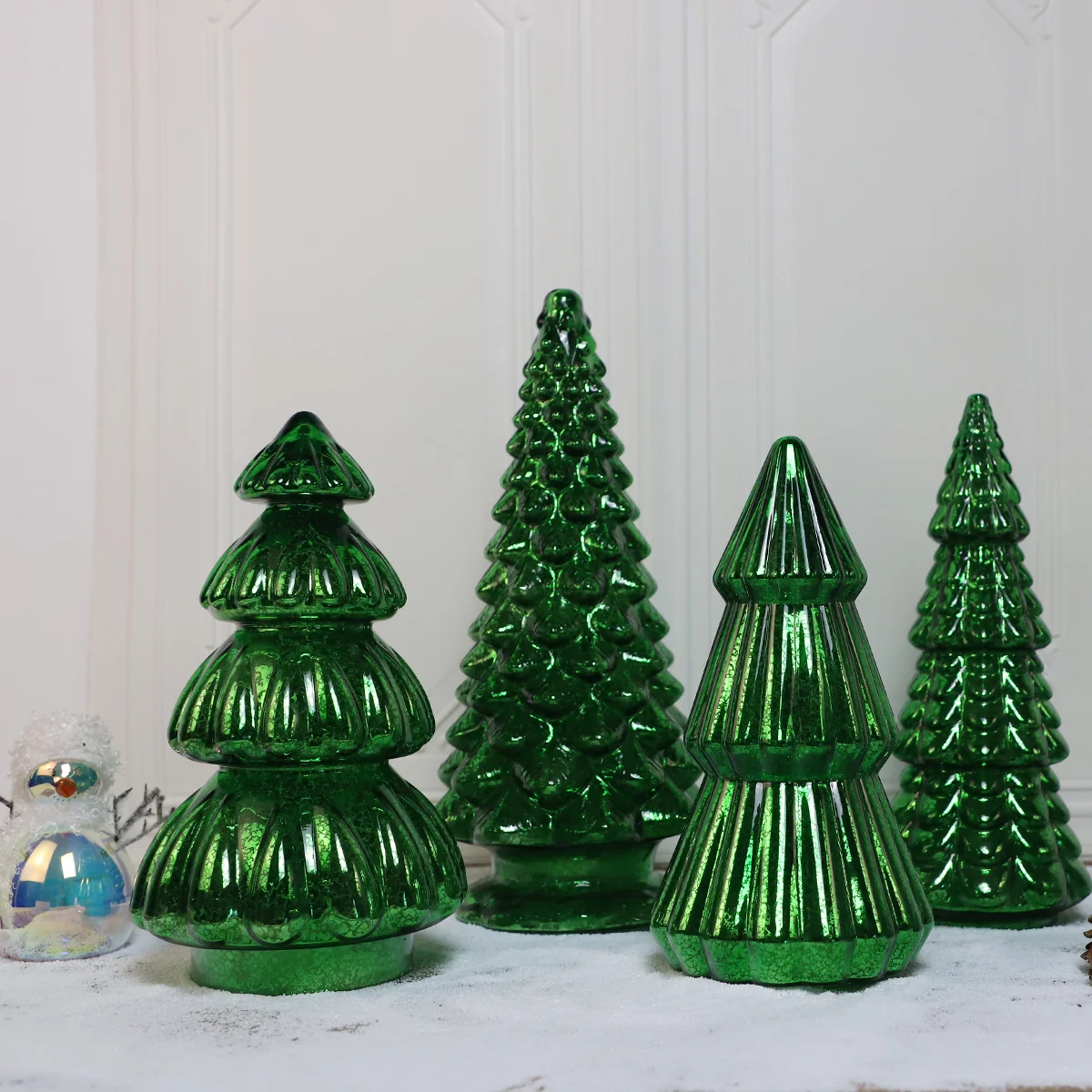 Led lighted decor cone green mercury hand blown glass xmas tabletop tree set decoration christmas glass tree light with timer