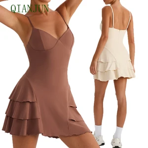 Custom Logo Beauty Back Ruffle Gym Fitness Yoga Skirts Back Half Zipper Design Slim Short Jumpsuit Skirt for Women