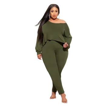 Fashion Casual Slash Neck Long Sleeve Irregular Short Top Pencil Pants Fall 5Xl Plus Size 2 Piece Set Women