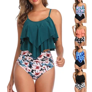 JSN Flower Printed Swimwear Beachwear Women High Waist Two Piece Tankini Swimsuits Bathing Suit Trajes De Ba O De Las Mujeres