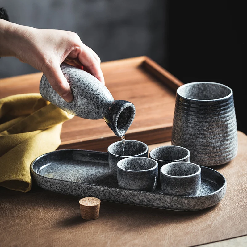 Ceramic Sake Set with Warmer Japanese Style Porcelain Hot Saki Drink Warmer Set  of 5 with 1 Sake Bottle and 4 Sake Cups