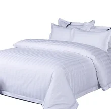 Hotel Linen White Duvet Cover Fitted Bed Sheet Set 1 & 3cm Stripe 100% Cotton Bedding Set