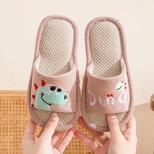 Cartoon Dinosar Open-Toe Linen for Slippers for Boys Girls Cute Style Soft for Home Use Trendy Design for Spring Autumn Seasons