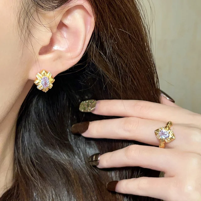 Italian Style Retro Shape Zircon Earrings and Rings 18K Gold Plated for Parties and Proms Brass Jewelry