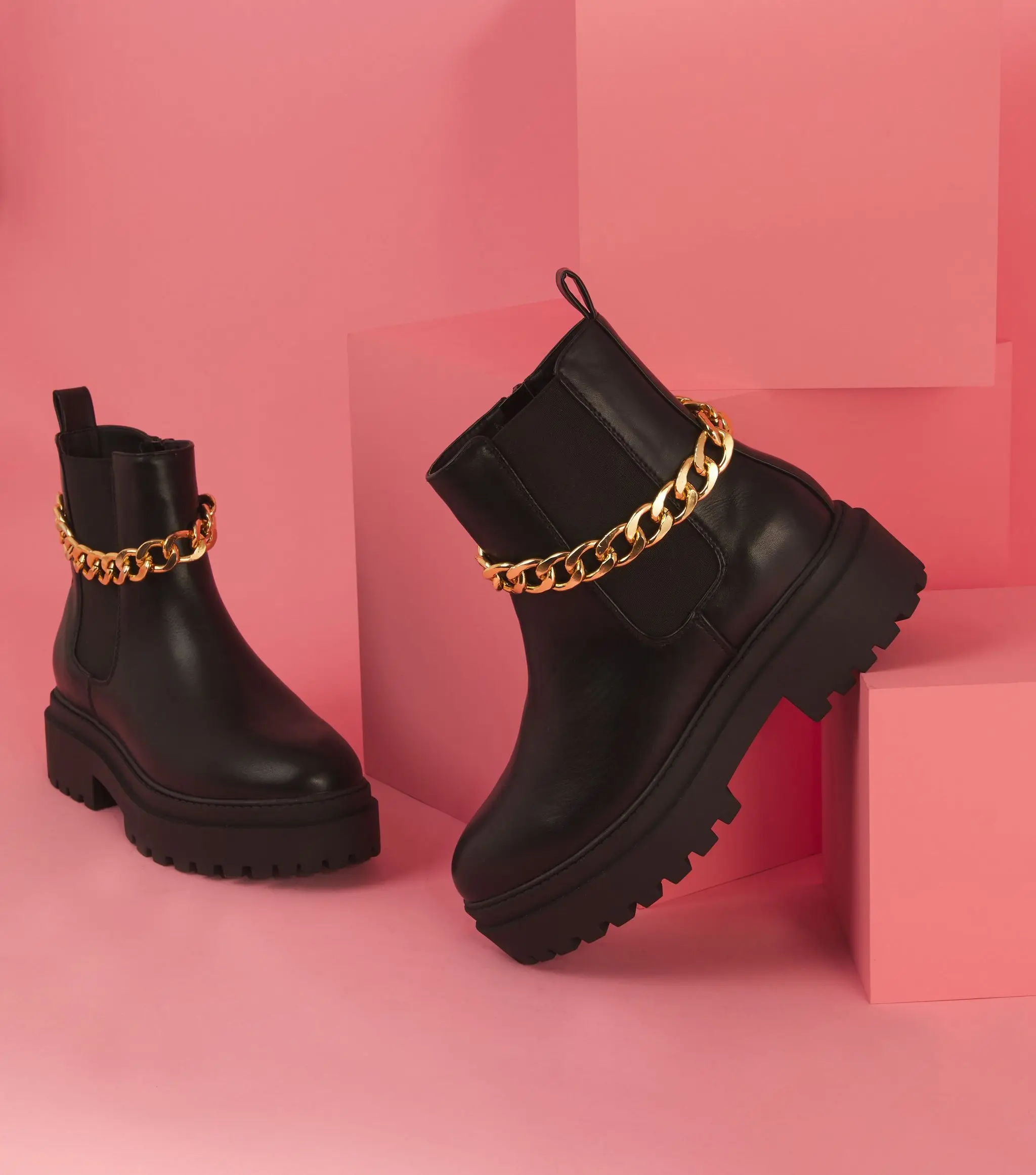 Metal chain Pantshoes Black PU Elastic Slip-On Boots Women Ladies Ankle Boots