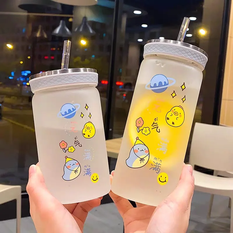 Hot Sale Ins Trendy cute Glass Water Bottles for Girl Travel Cup Drink Glass  Tumbler with Straw and lid