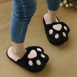 Cotton slippers female simulation rabbit fur cat paw slippers indoor home plush pantuflas
