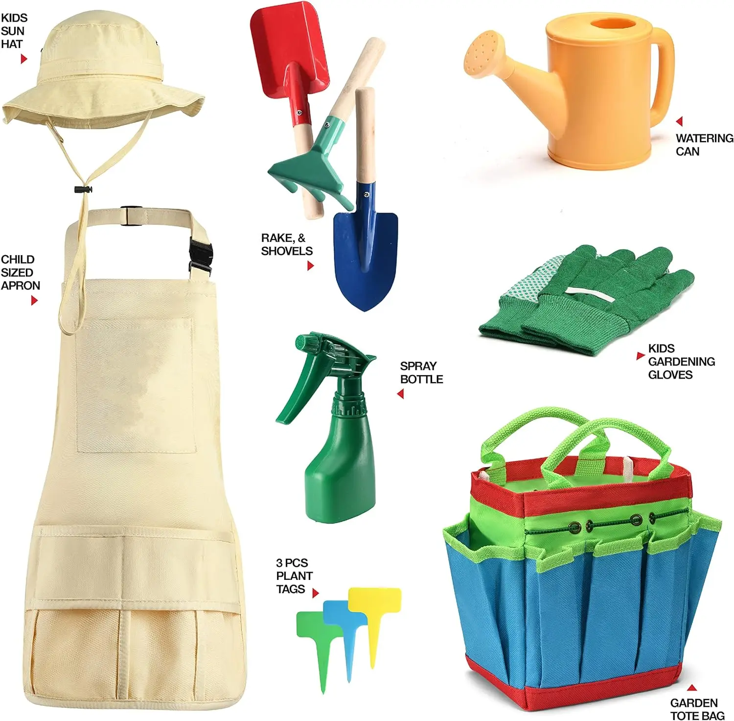 Kids Garden Tools Set Hand and Equipment Kit with Apron Gloves Shovel Fork Rake Mini Toy