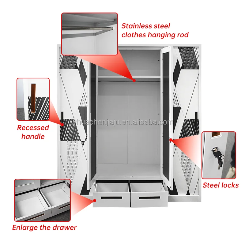 Custom Printed Beautiful Simple Modern Design Steel Metal Wardrobe 2 3 4 5 Door Swing Sliding Glass Mirror for Home Furniture