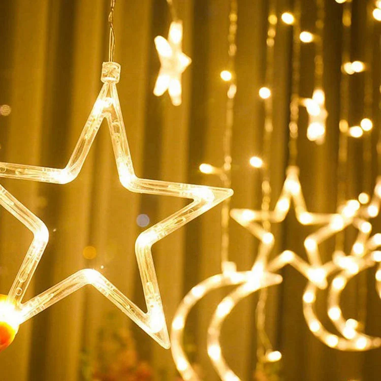 Eu/us Plug 138led Star Moon Curtain Light Birthday Festival Warm Ready Made Modern Light Green Window Curtains for Decoration
