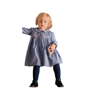 OEM and ODM Customized Kids Polyester  Cotton Smocking Embroidery Flower Long Sleeves Peter Pan Collar Corduroy Girl Dress