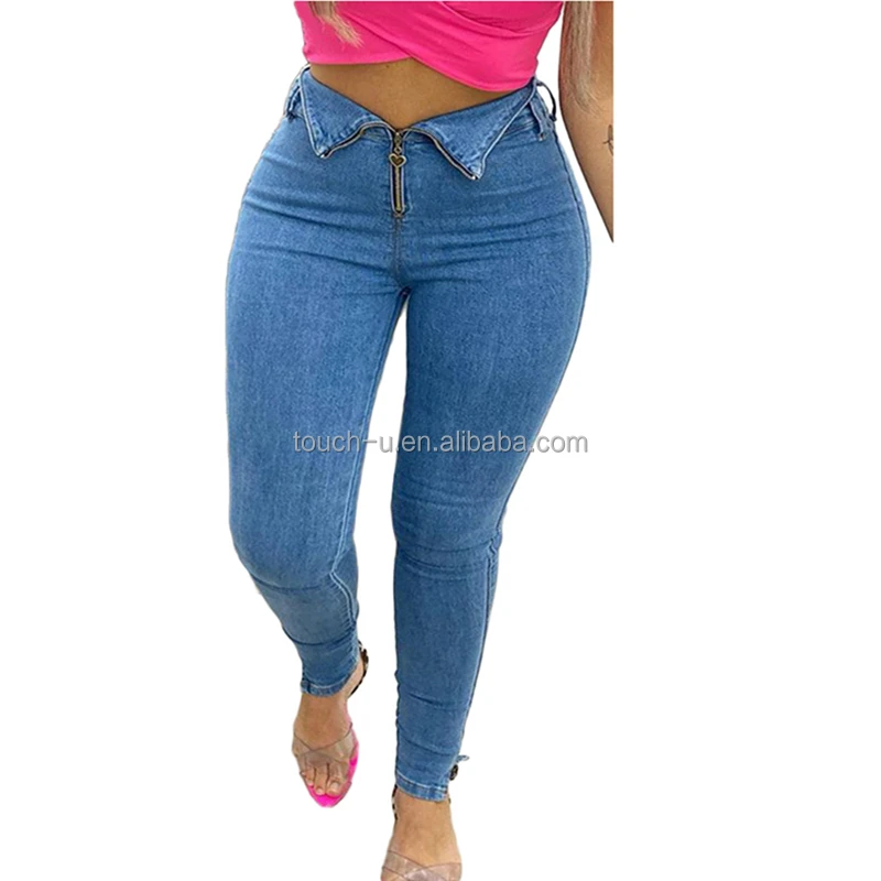 Exposed Zipper Front Female Jeans For 