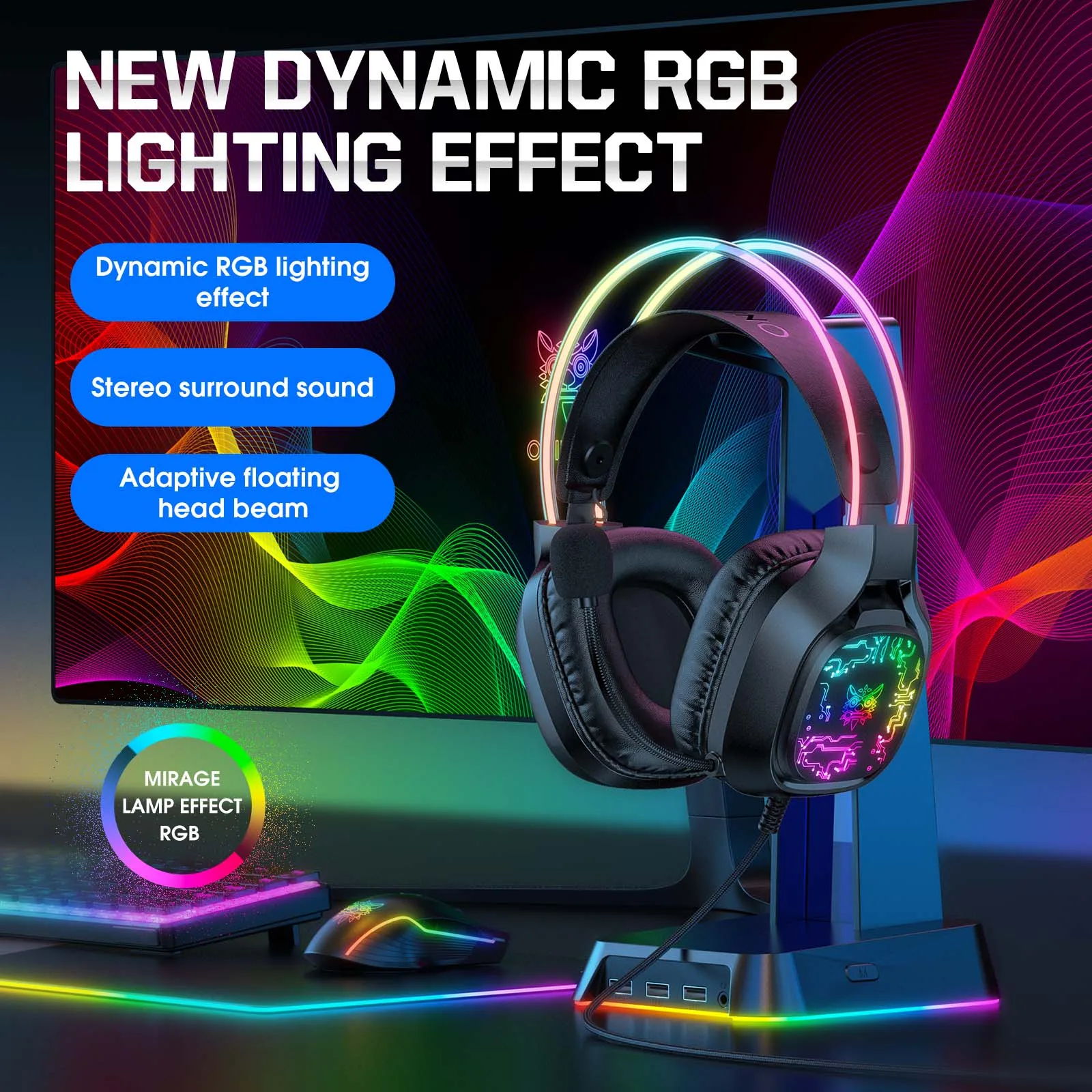 ONIKUMA X22 RGB headphone kabel Noise-Canceling USB Headset Gaming  Earphone Esports dengan mikrofon HD
