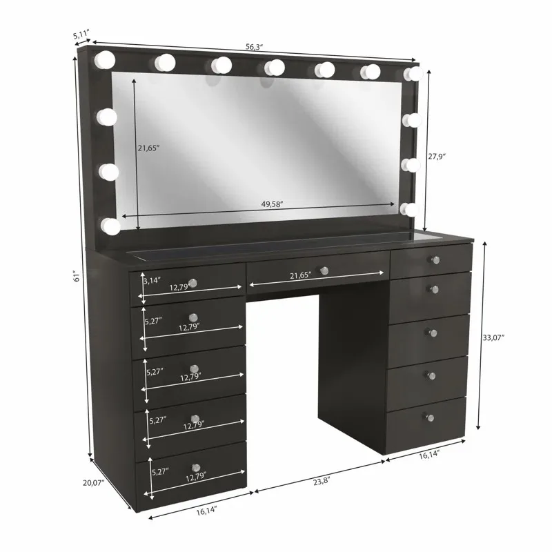 Dresser Vanity Makeup Designs Make up Mirror 6 Drawers Black Color Dressing Table for Bedroom Furniture With Led Modern Light Dresser Vanity Makeup Designs Make up Mirror 6 Drawers Black Color Dressing Table for Bedroom Furniture With Led Modern Light