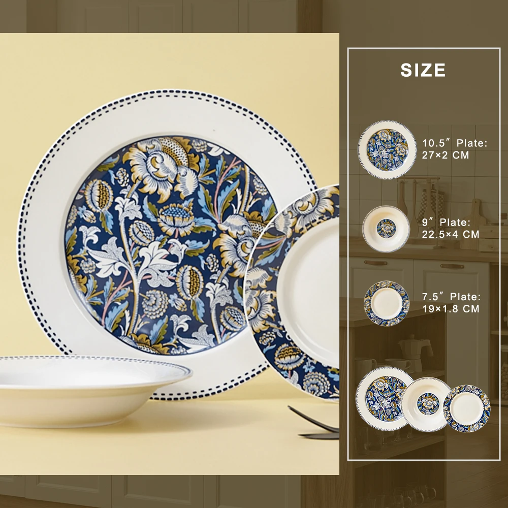 Newly Designed Ceramic Tableware with Green Floral Dinner Plate Patterns Dinnerware Sets for Daily Use