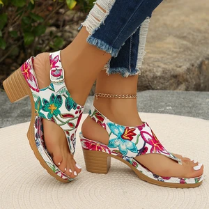 New Flowers Ladies Printing Thick High Heeled Sandals Girls  Flipflops Women Retro Floral Heele Sandals