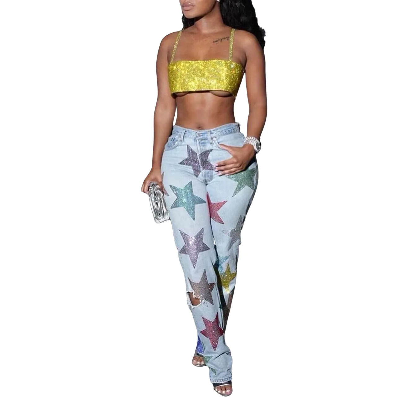 Popular Jeans with Sequins Star Pants for Women Ladies Pants Straight Fit Denim Jeans for Women Latest Design Jeans Pants