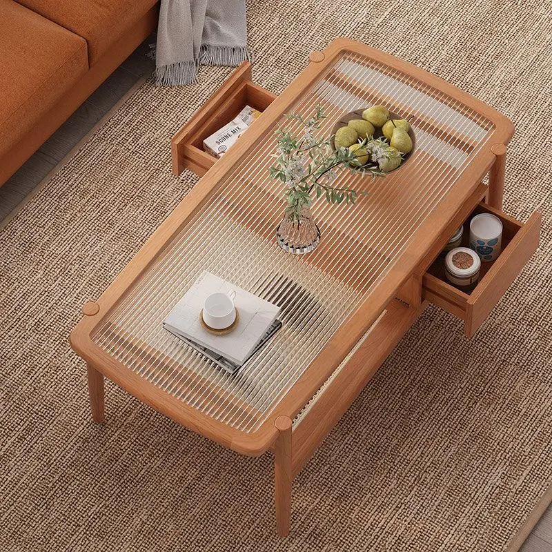Japanese Contracted Style Rectangular Real Wood Cane Makes Sitting Room Glass Coffee Table